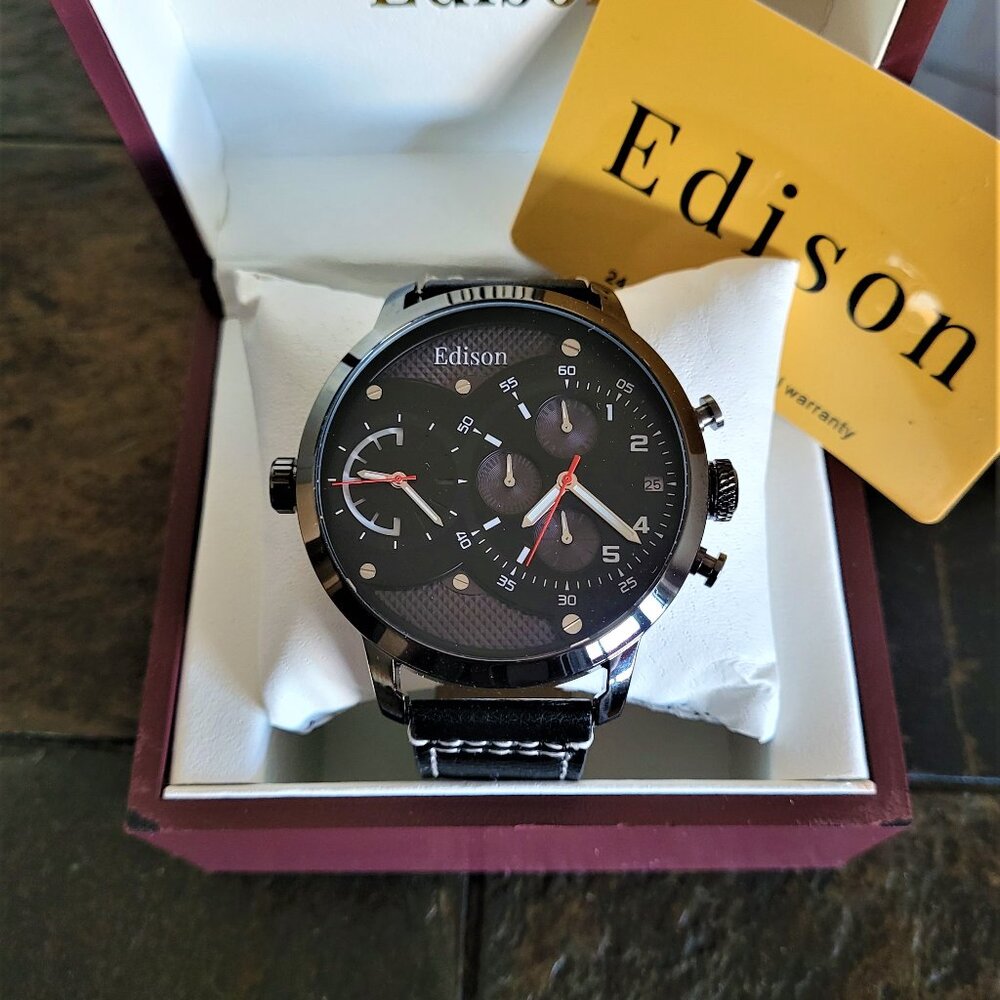Edison Men's Oversized Dual Time Zone Black Leather Watch